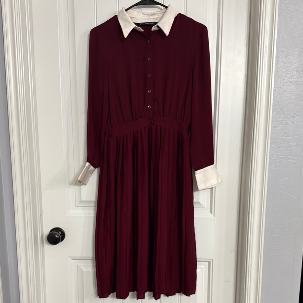Zara Red and White Pleated Sundress with Cuffed Long Sleeves